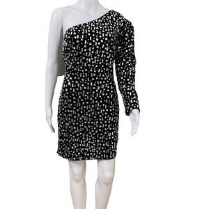 Mac Duggal Bejeweled One Shoulder Puff Sleeve Cocktail Mini Dress size 4 Black